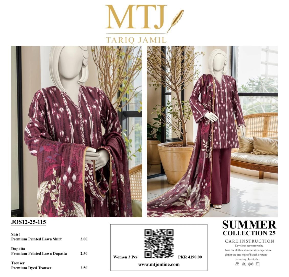 MTJ Summer Collection 2025 | 3 Piece Unstitched Digital Printed Lawn | Airjet Lawn Shirt, Dupatta & Trouser π₯