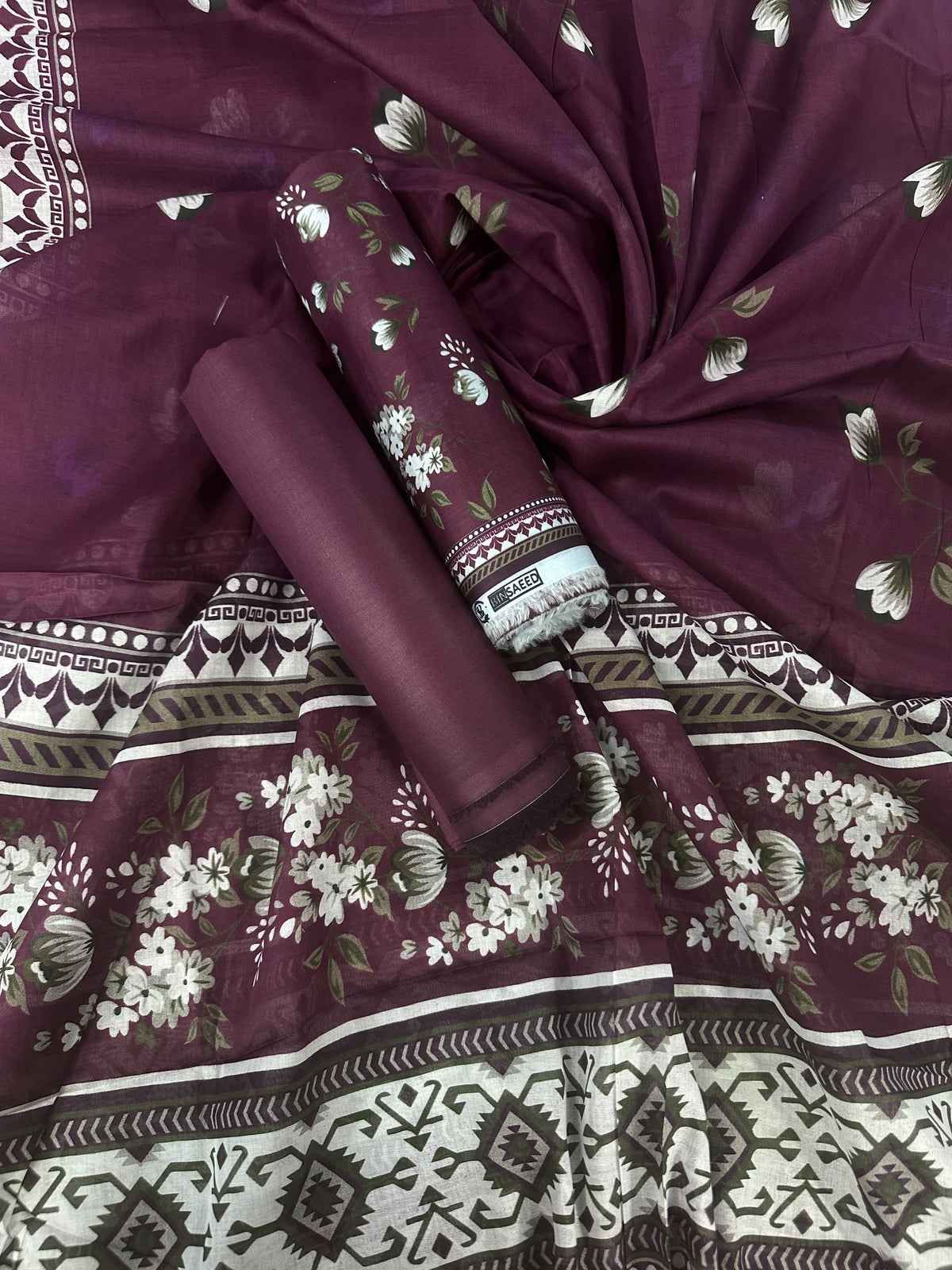 Bin Saeed Burgundy Printed Cotton 3Pcs