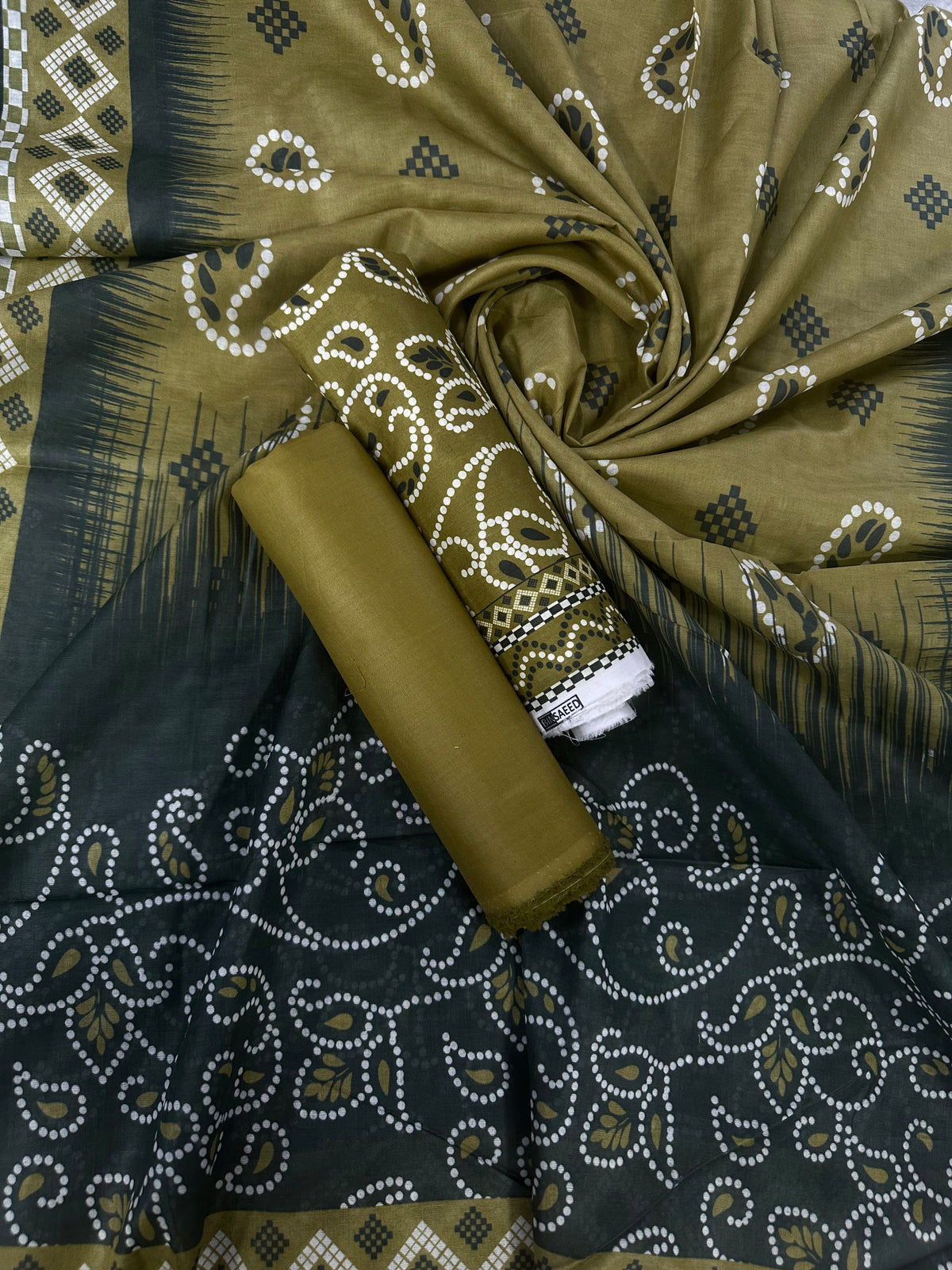 Bin Saeed Olive Chundri Printed Cotton 3Pcs