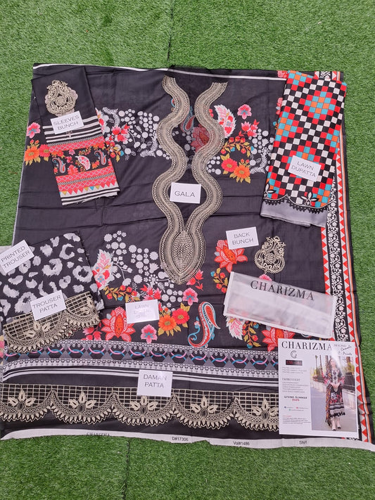 Charizma Embroidered Patches Lawn Unstitched 3 Piece With Printed Trouser 💞✨👌