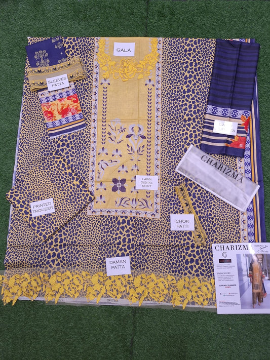 Charizma Embroidered Patches Lawn Unstitched 3 Piece With Printed Trouser 💞✨👌