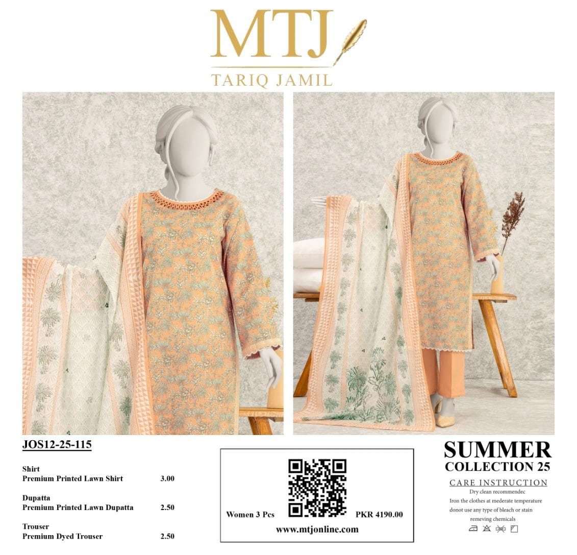 MTJ Summer Collection 2025 | 3 Piece Unstitched Digital Printed Lawn | Airjet Lawn Shirt, Dupatta & Trouser π₯