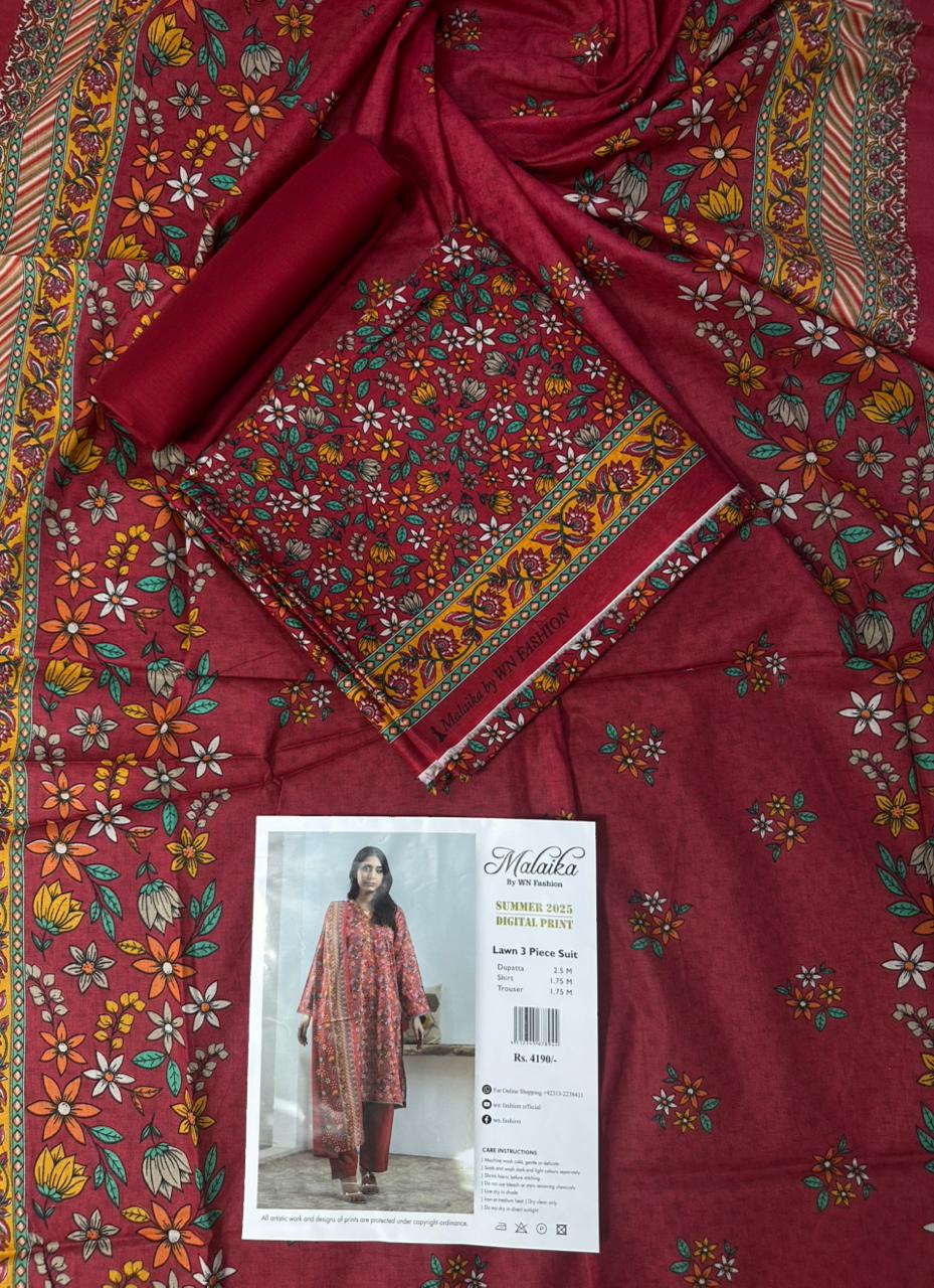 MALAIKA Unstitched Lawn 100% Original 3 PCs Suit In WHOLESALE PRICE