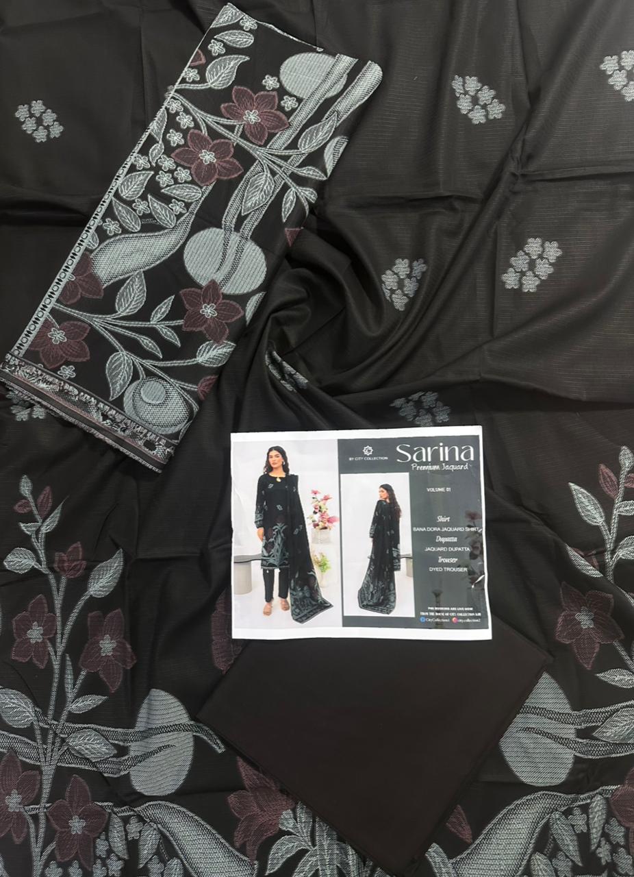 β¨ SARINA Unstitched Jacquard 3-Piece Collection β¨ BLACK MAROON JACQUARD
