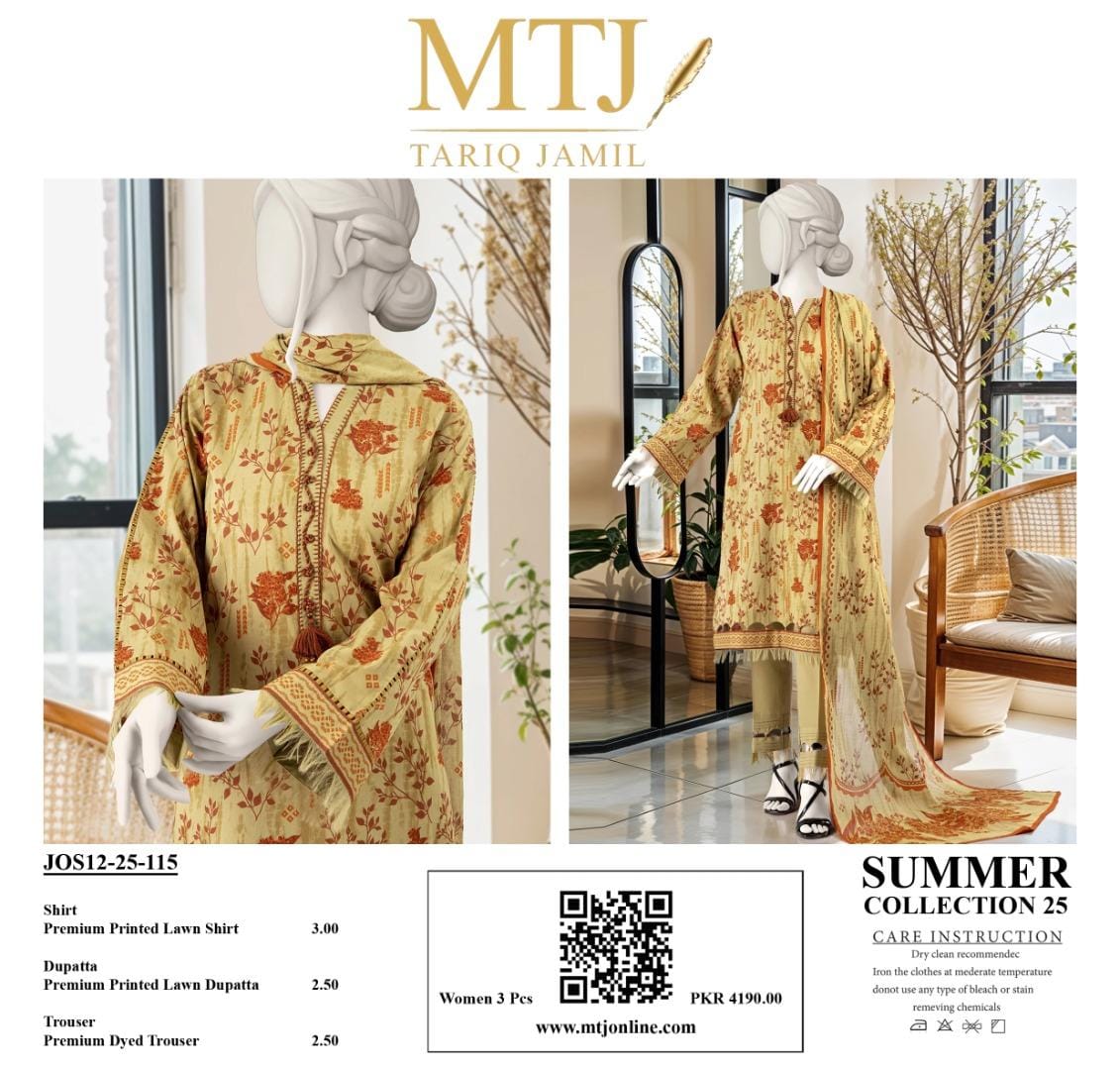 MTJ Summer Collection 2025 | 3 Piece Unstitched Digital Printed Lawn | Airjet Lawn Shirt, Dupatta & Trouser π₯