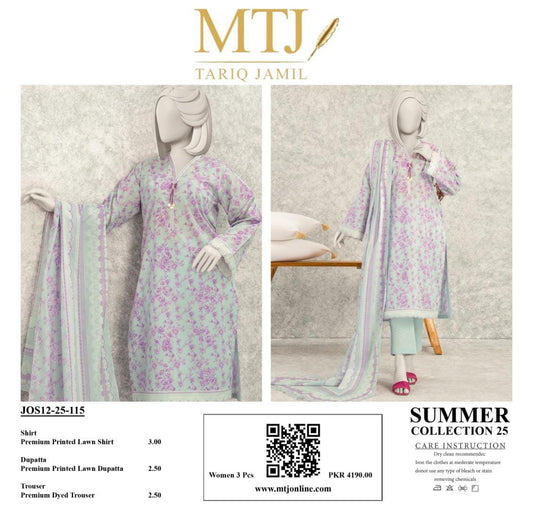 MTJ Summer Collection 2025 | 3 Piece Unstitched Digital Printed Lawn | Airjet Lawn Shirt, Dupatta & Trouser π₯