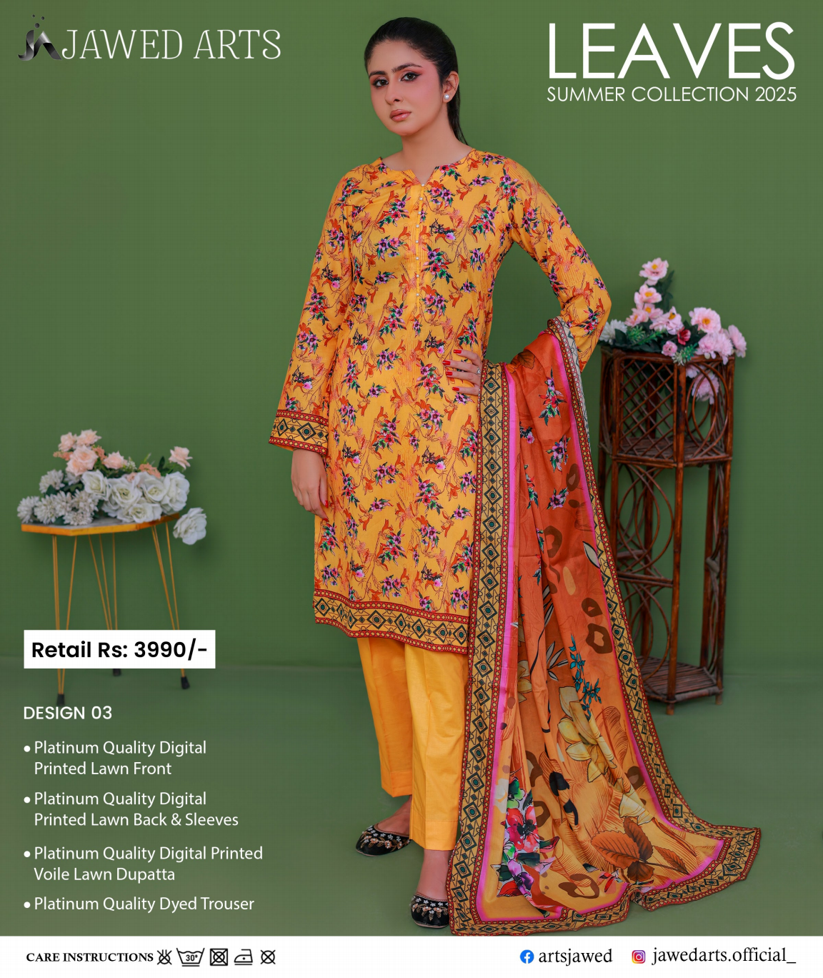 Leaves By Jawed Arts 100% Original Unstitched Lawn 3 Piece in Wholesale 🔥❤️