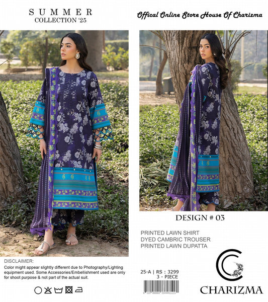 Charizma Lawn Unstitched 3 Piece With Dyed Trouser Vol II /- 💞✨👌