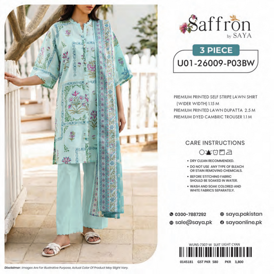 Saya 3 Piece Premium Lawn Collection D.C:U01-26009-P03BW