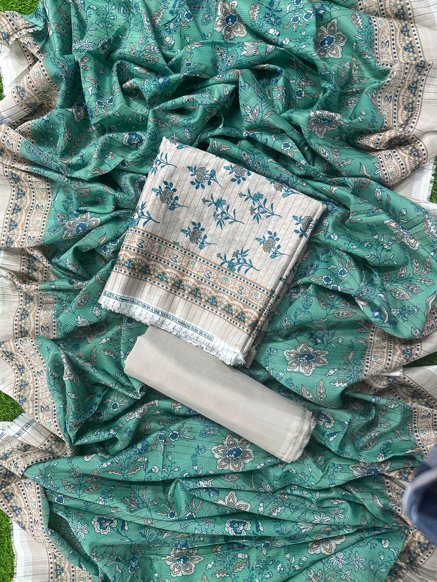 SAFINA BEIGE-AQUA PRINTED 3PCS