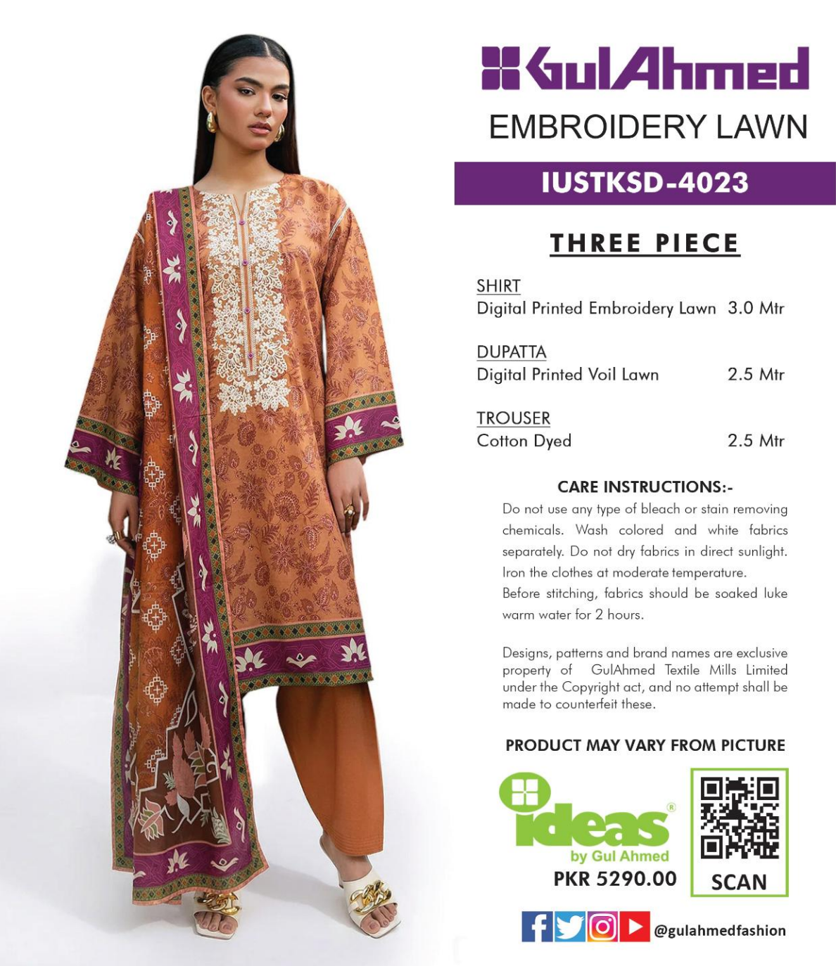 Gul Ahmed IUSTKSD-4023 Emb Lawn 3PCS