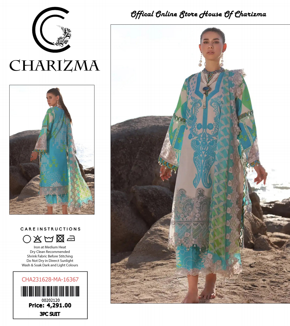 Charizma Lawn Unstitched 3 Piece With Dyed Trouser/- 💞✨👌
