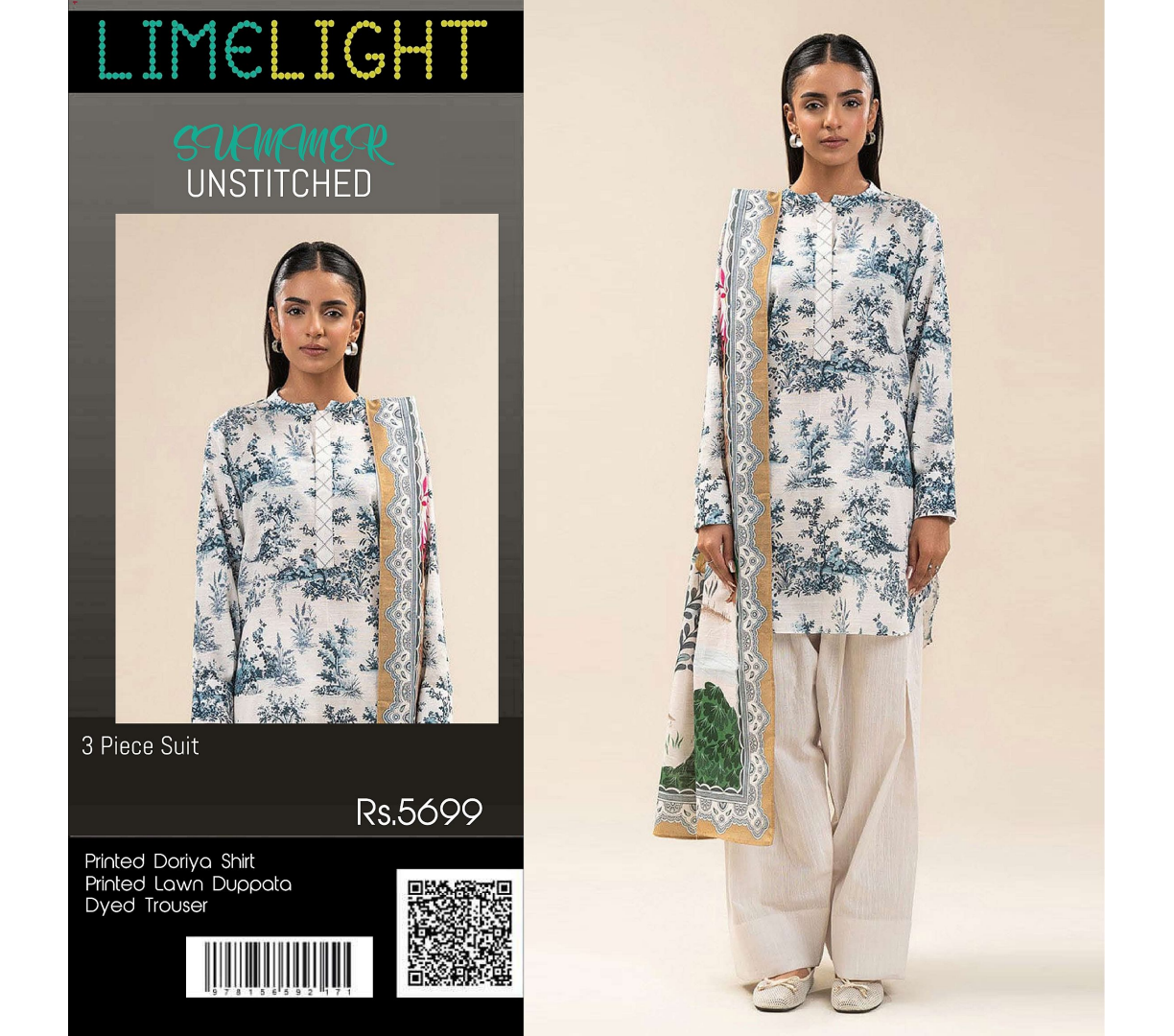 Limelight β Cream & Slate Blue - Doriya Unstitched 3 PCs Unstitched Suit
