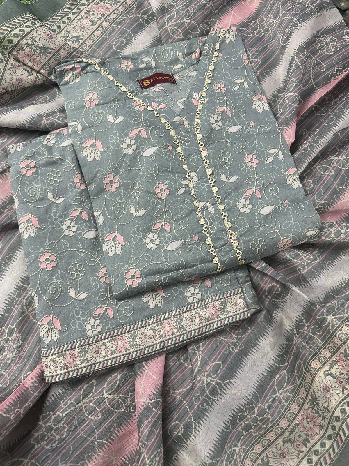 Bin Saeed Grey-Pink Stitched 3Pcs