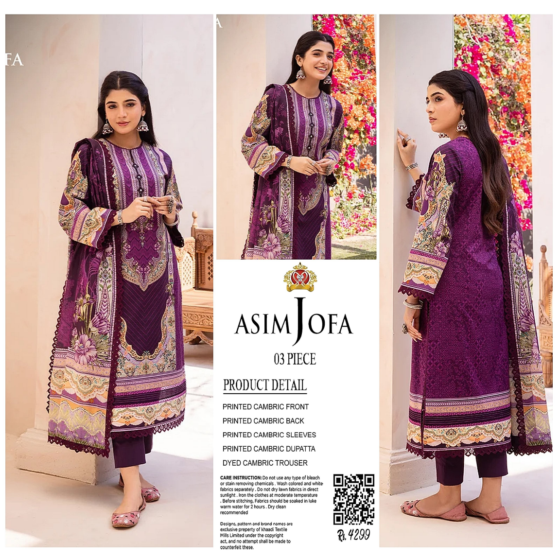 AsimJofa Purple Printed 3Pcs