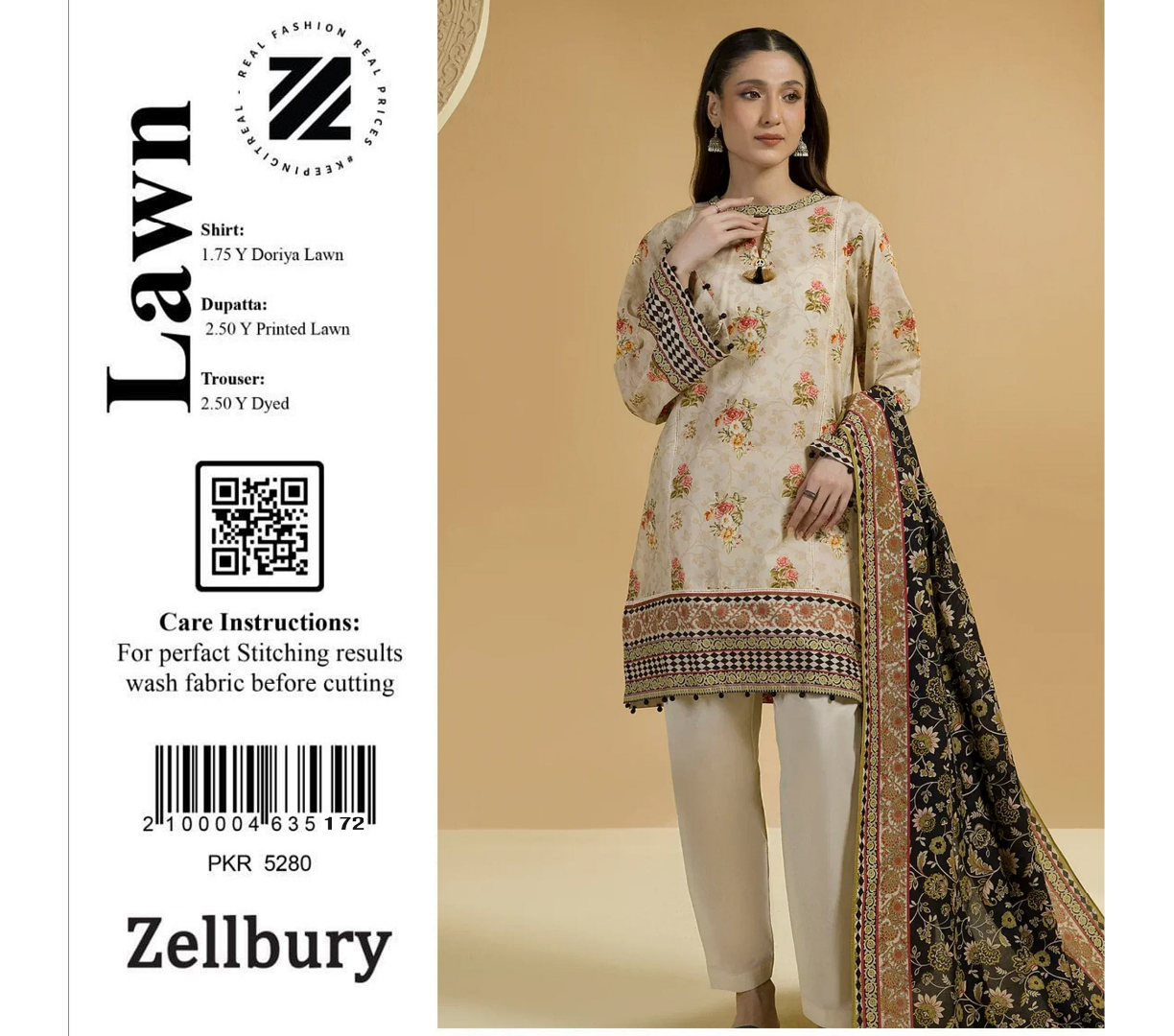 Zellbury Doriya Lawn 3 Pcs Unstitched Collection D.C:- WUS25X25713