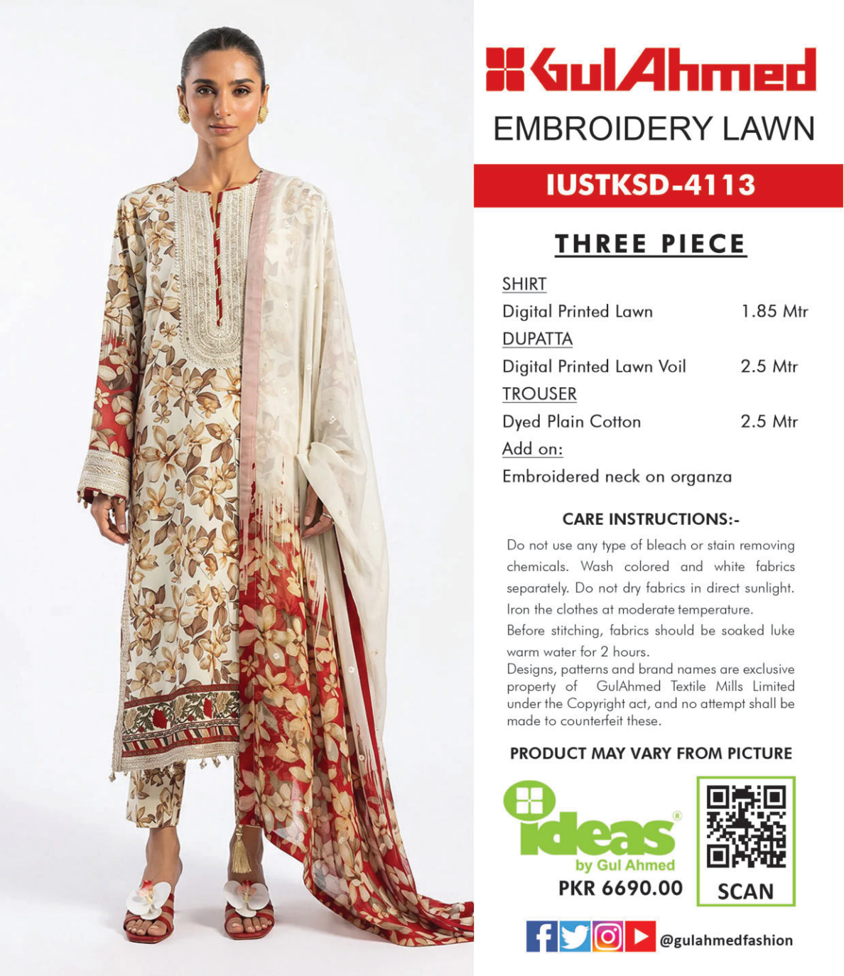 Gul Ahmed IUSTKSD-4113 Emb Lawn 3PCS