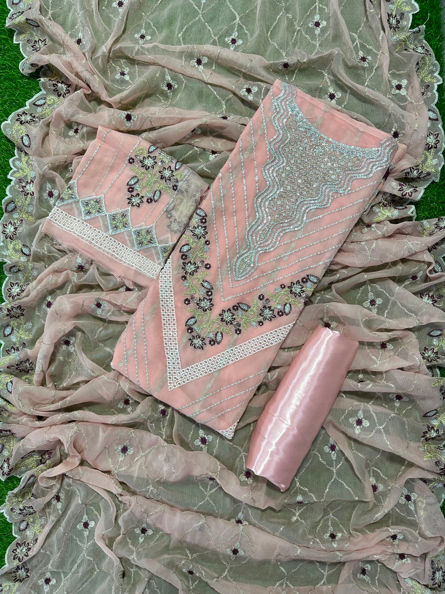 Luxury Baby Pink Chiffon Embroidered 3PCS