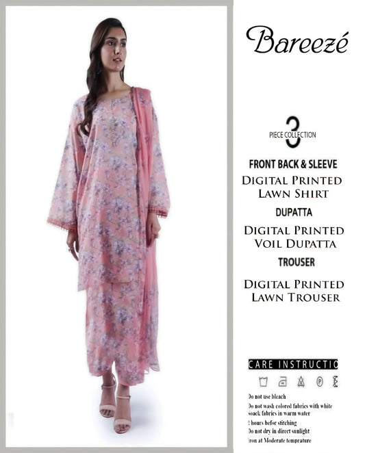 Bareeze Unstitched Lawn 90/70 Quality 3 Pieces