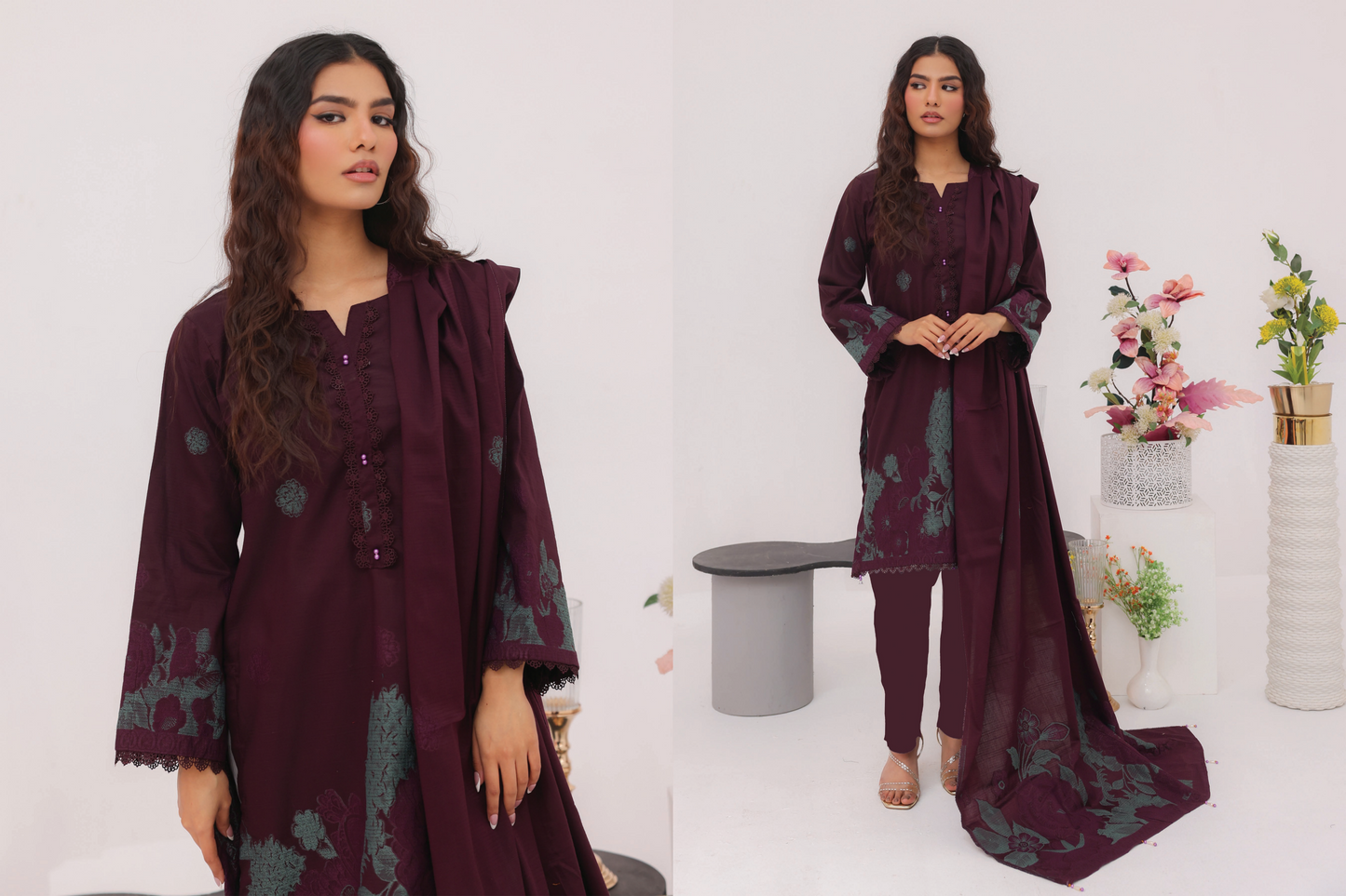 β¨ SARINA Unstitched Jacquard 3-Piece Collection β¨ Purple SeaGreen