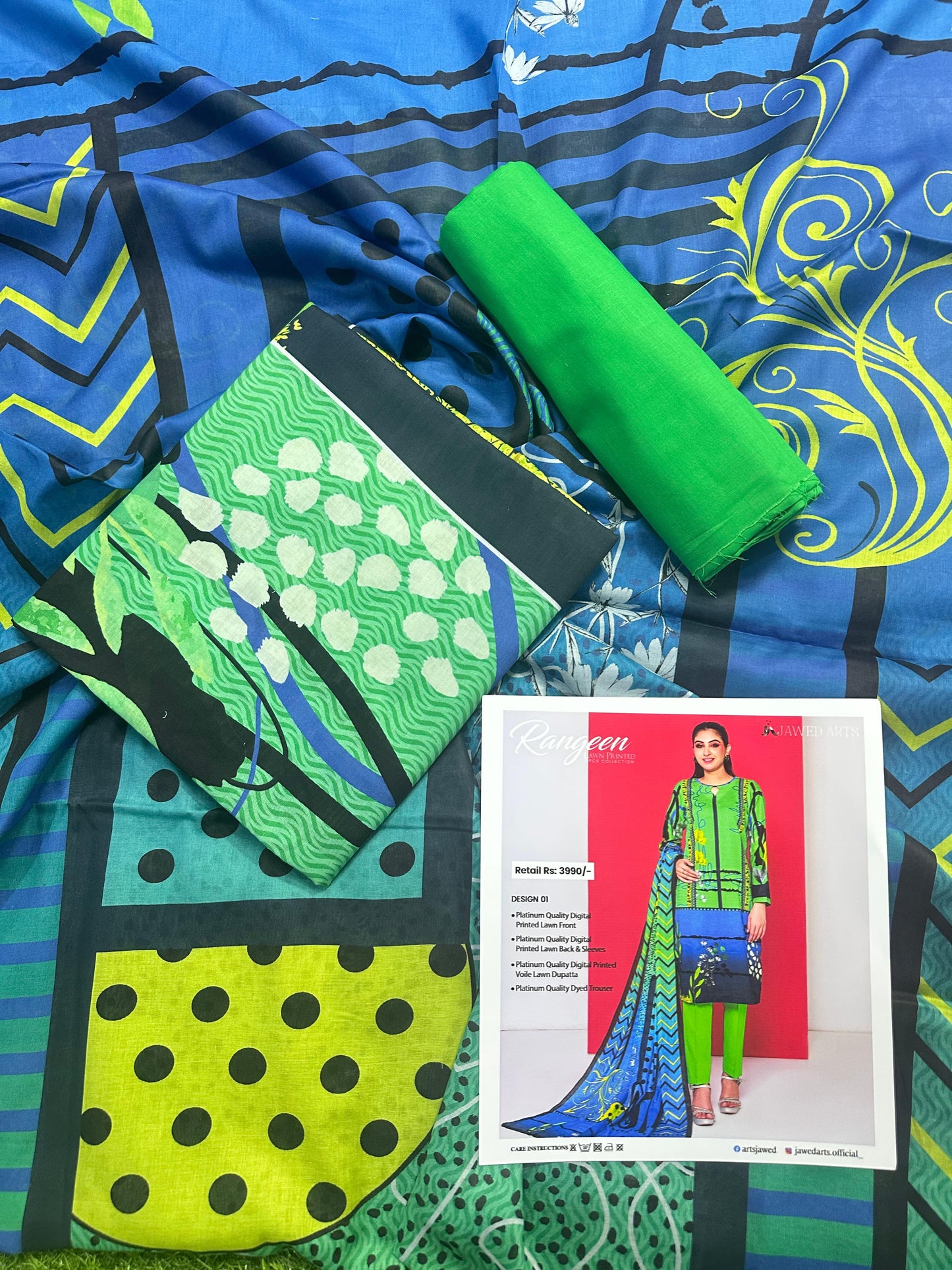 JAWED ARTS β RANGEENβ 3PC UNSTITCHED SUIT Design: 1