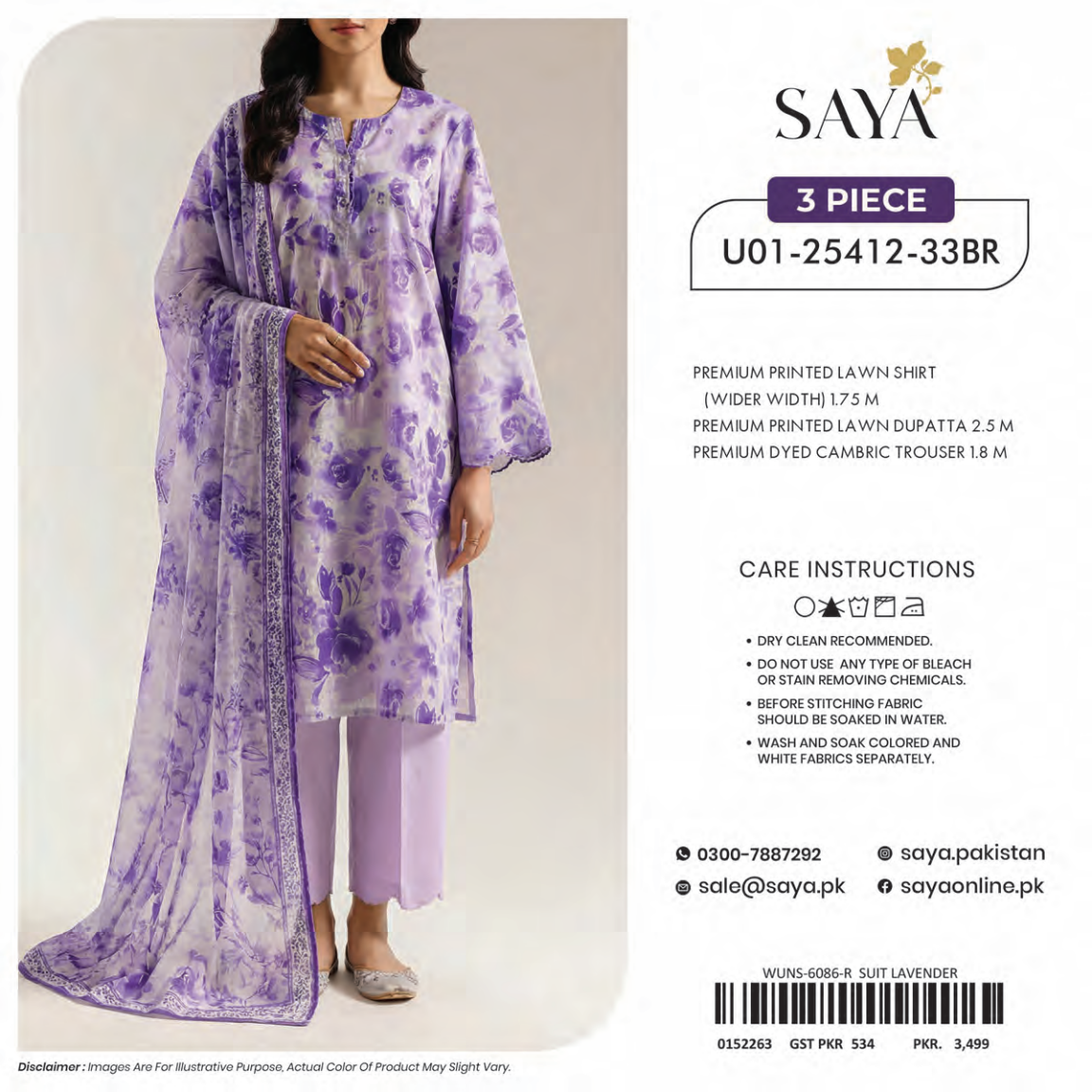 Saya Lavender 3PCs Printed Lawn Unstitched Collection