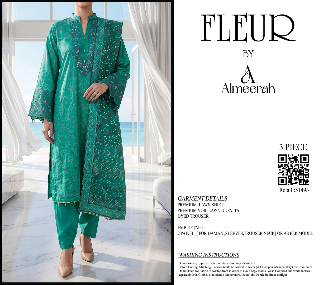 Fleur By Almeerah - Sea Glimmer β Digital Chundri Lawn