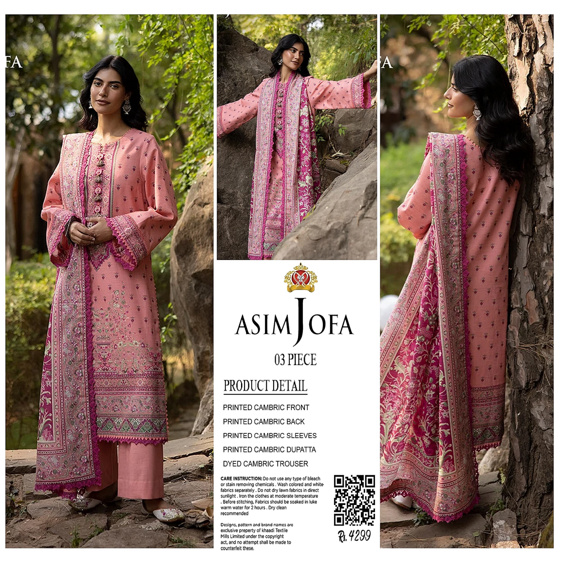 AsimJofa Pink Printed 3Pcs