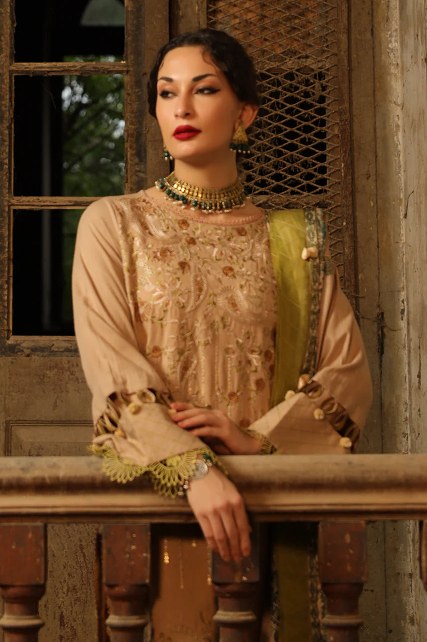 SALITEX PEACH LEATHER EMBROIDERED WITH PASHMINA PRINTED LUREX SHAWLUN-W22-PLEMB-018UT