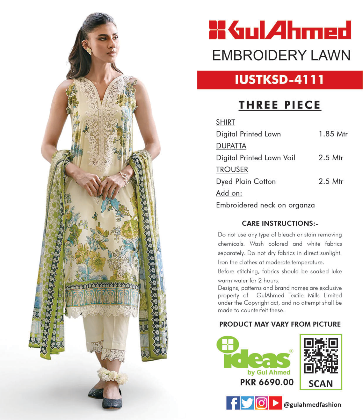 Gul Ahmed IUSTKSD-4111 Emb Lawn 3PCS