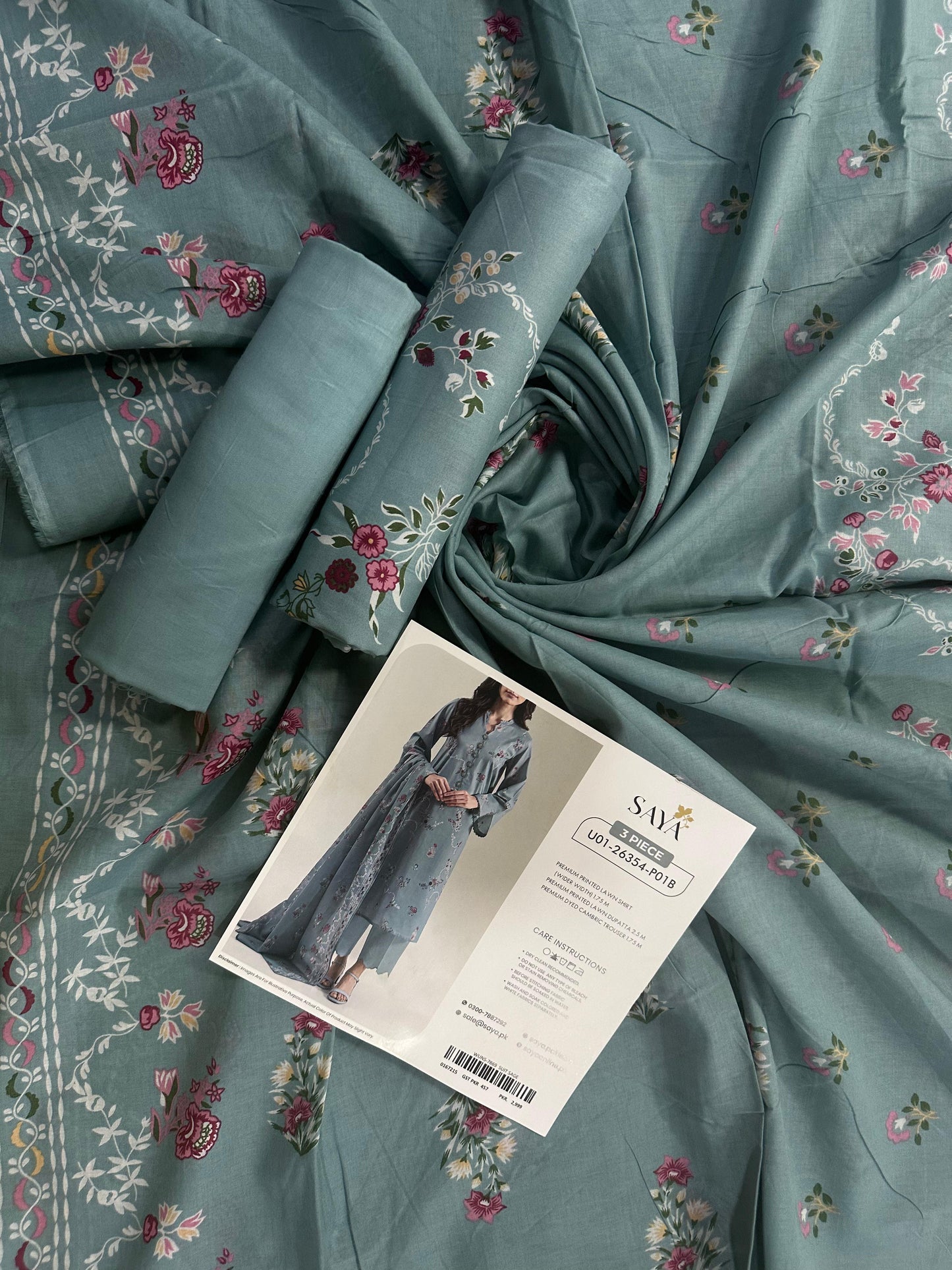 Saya D.C:- U01-26354-P01B - 3 Pcs Printed Lawn