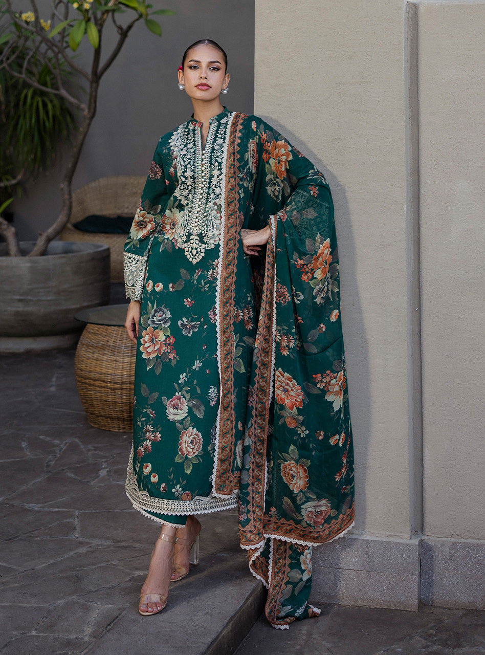 Zainab Chottani 3PC Green Floral Emb Lawn Suit