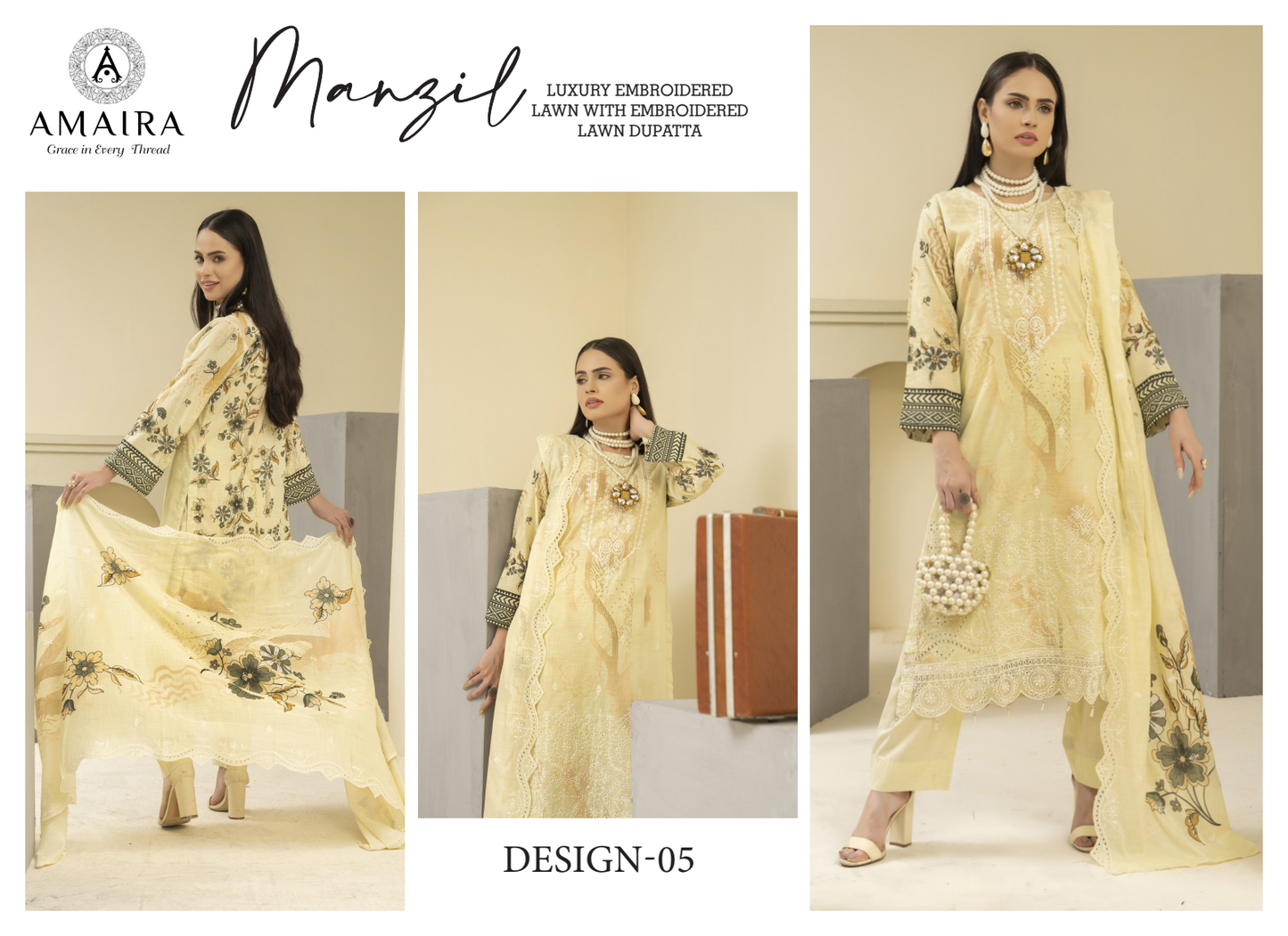 Amaira Manzil Luxury Embroidered Lawn 3 Piece Unstitched Collection