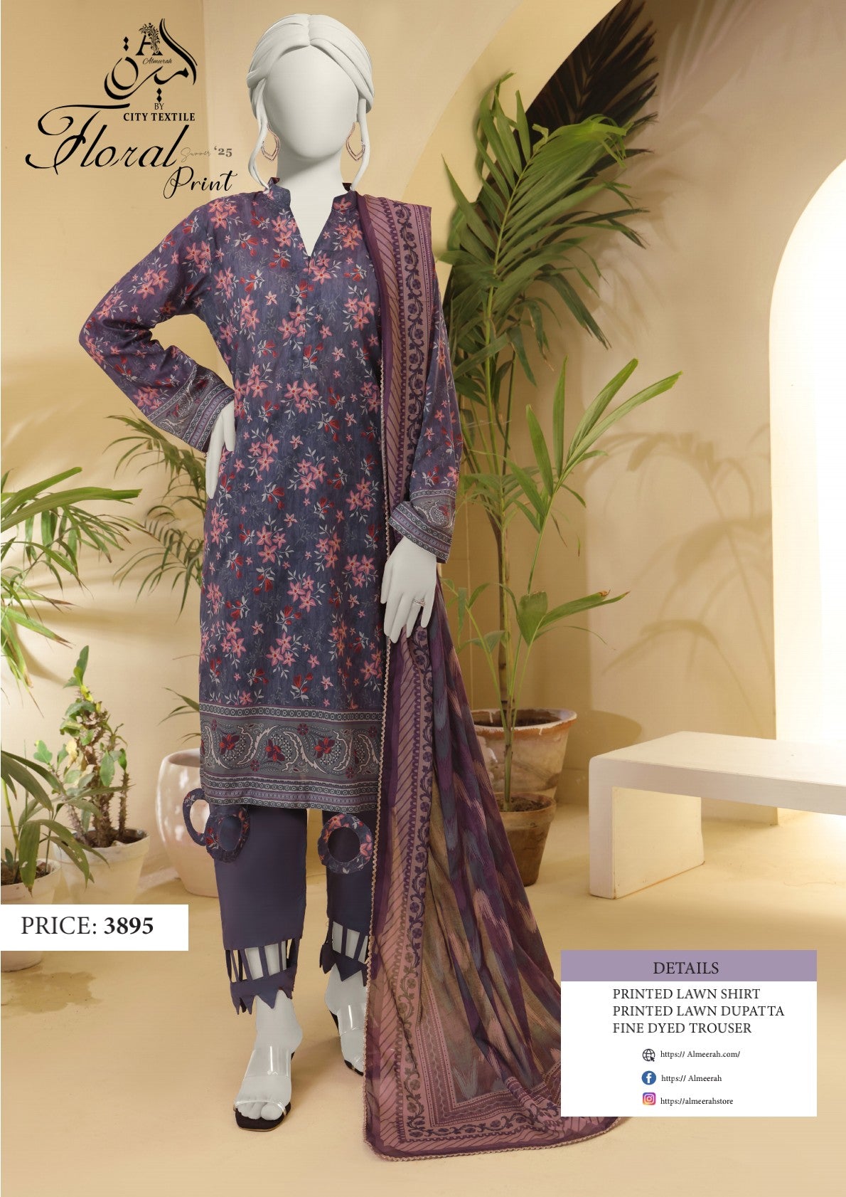Almeerah Floral 💯% Original 3PC Unstitched In Wholesale Price