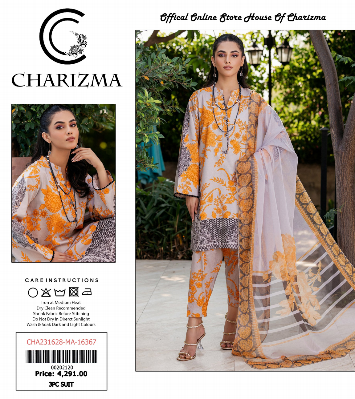 Charizma Lawn Unstitched 3 Piece With Dyed Trouser/- 💞✨👌