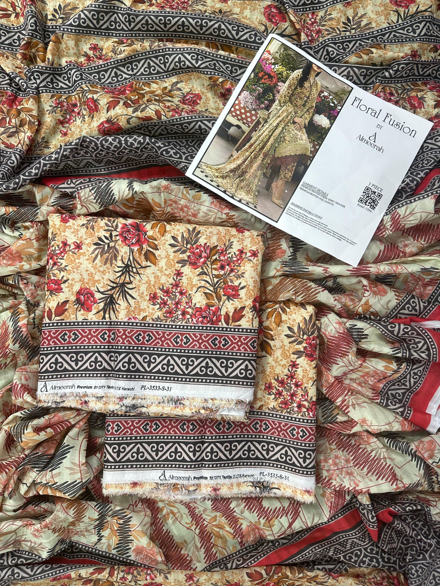 Floral Fusion By Almeerah D-1 - 3Pcs Printed Stripe Collection
