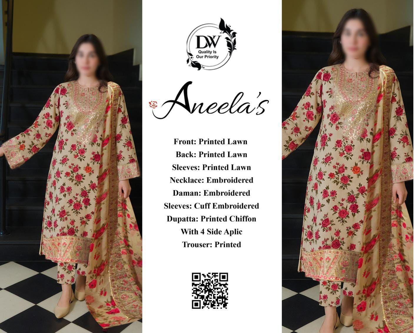 Aneela's Elegant 3PC Unstitched Lawn Suit Collection