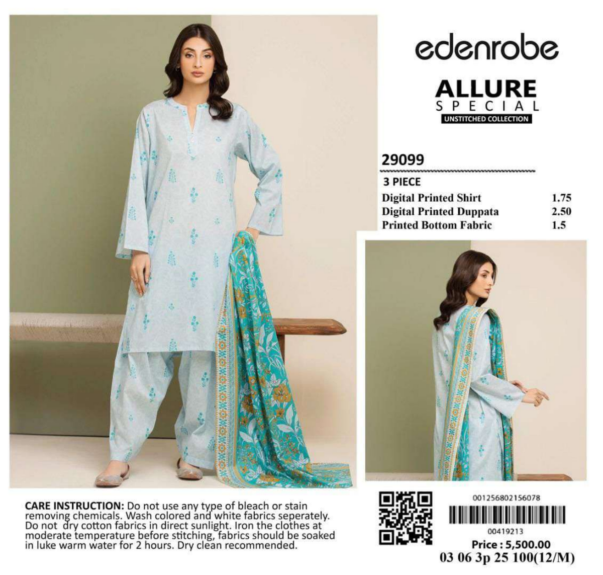 Edenrobe Sea Green Grey 3Pcs Lawn