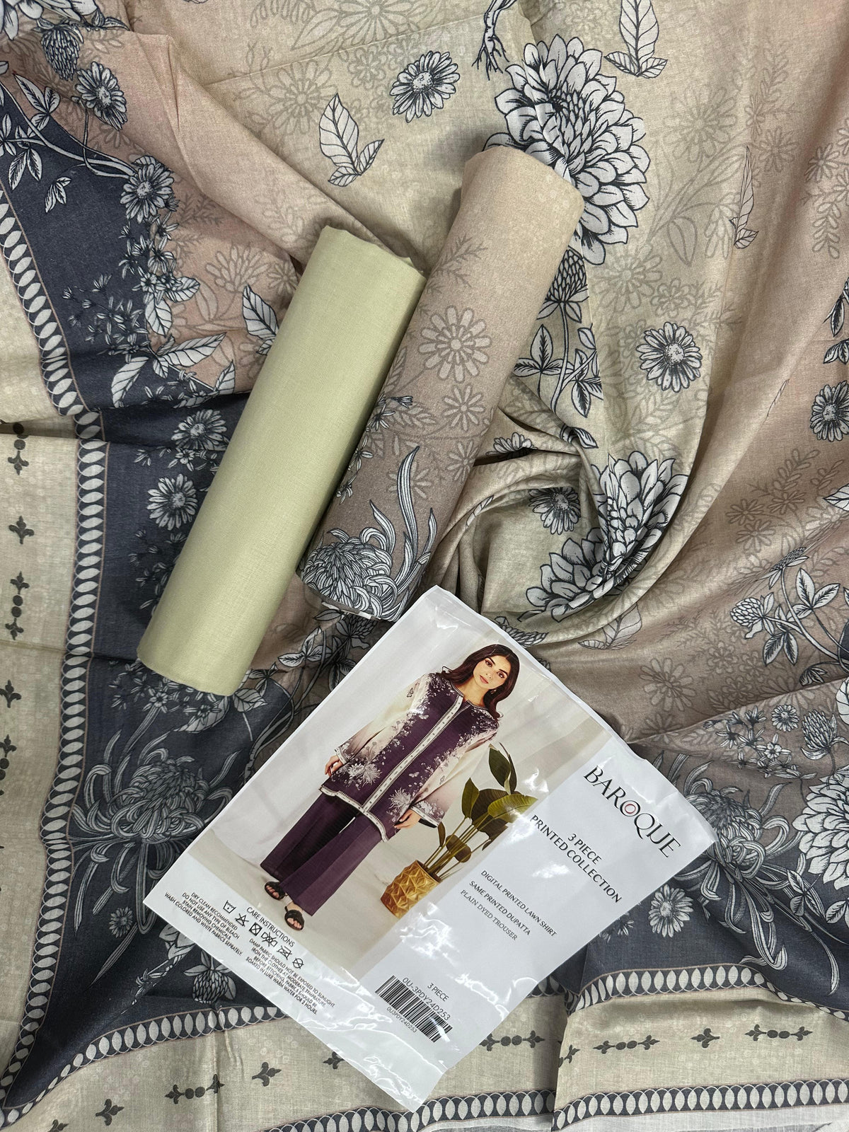 Baroque Grey-Beige Printed Lawn 3-Piece