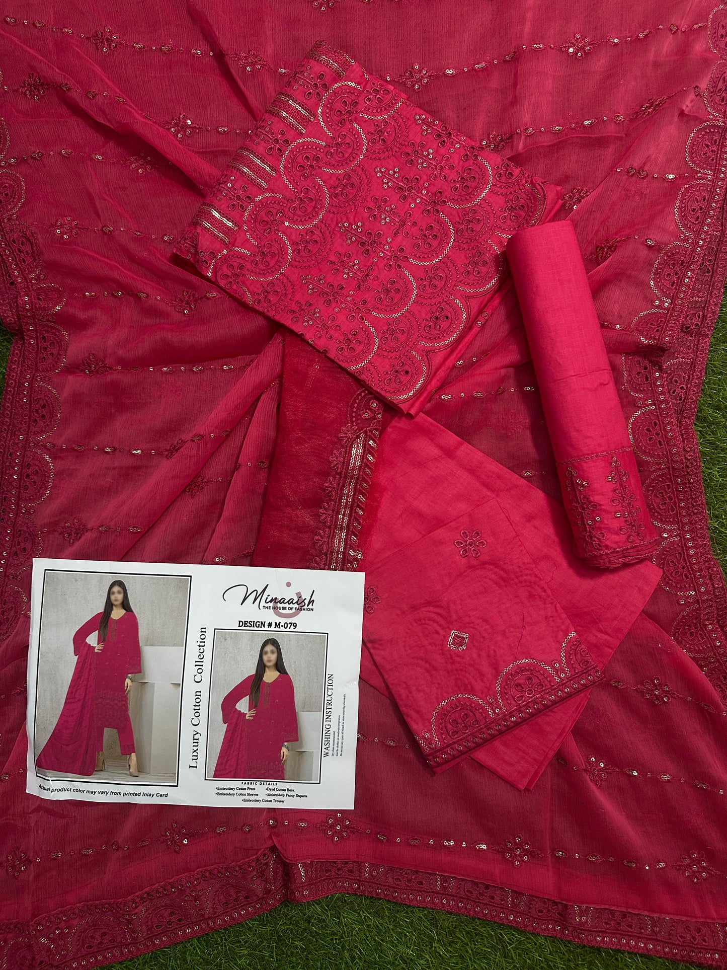 Minaaish DN # M-079 3Pcs Unstitched Embroidery Cotton Collection