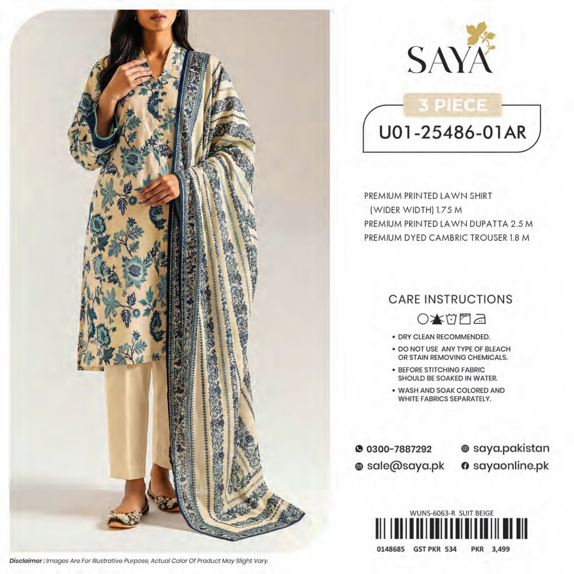 Saya Beige 3PCs Printed Lawn Unstitched Collection