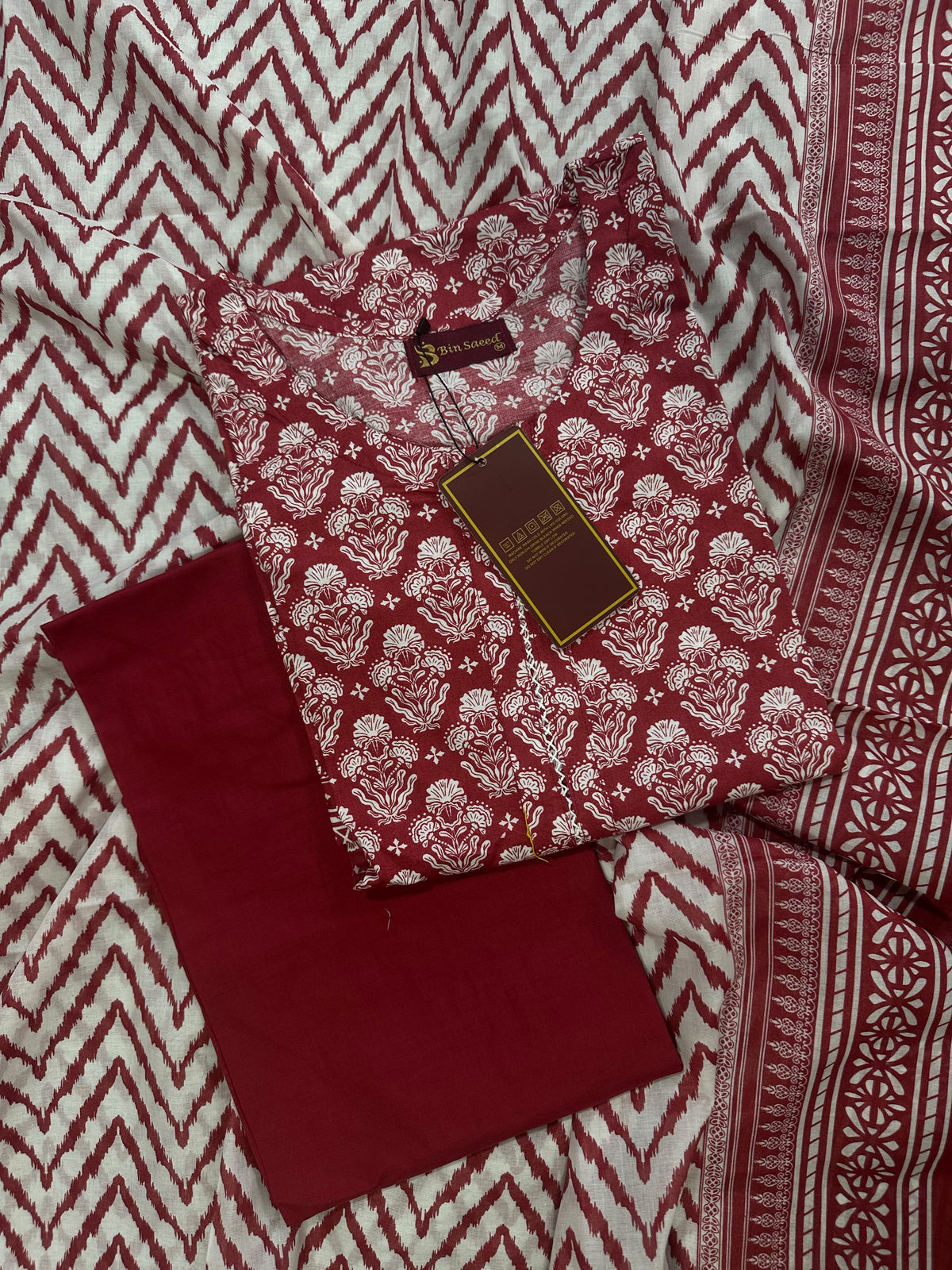 Bin Saeed Red Stitched 3Pcs