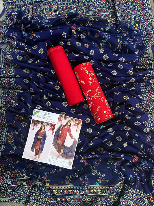MJ D #A0401-5 – Gold Paste Printed Lawn 3Pcs Collection