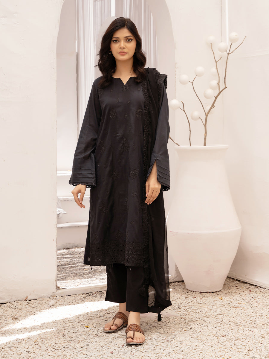 SALITEX 3pc Unstitched - Dyed Embroidered Shirt With Chiffon Embroidered Dupatta 🖤