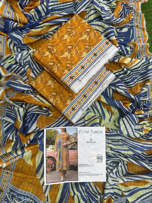 Floral Fusion By Almeerah D-7 - 3Pcs Printed Stripe Collection