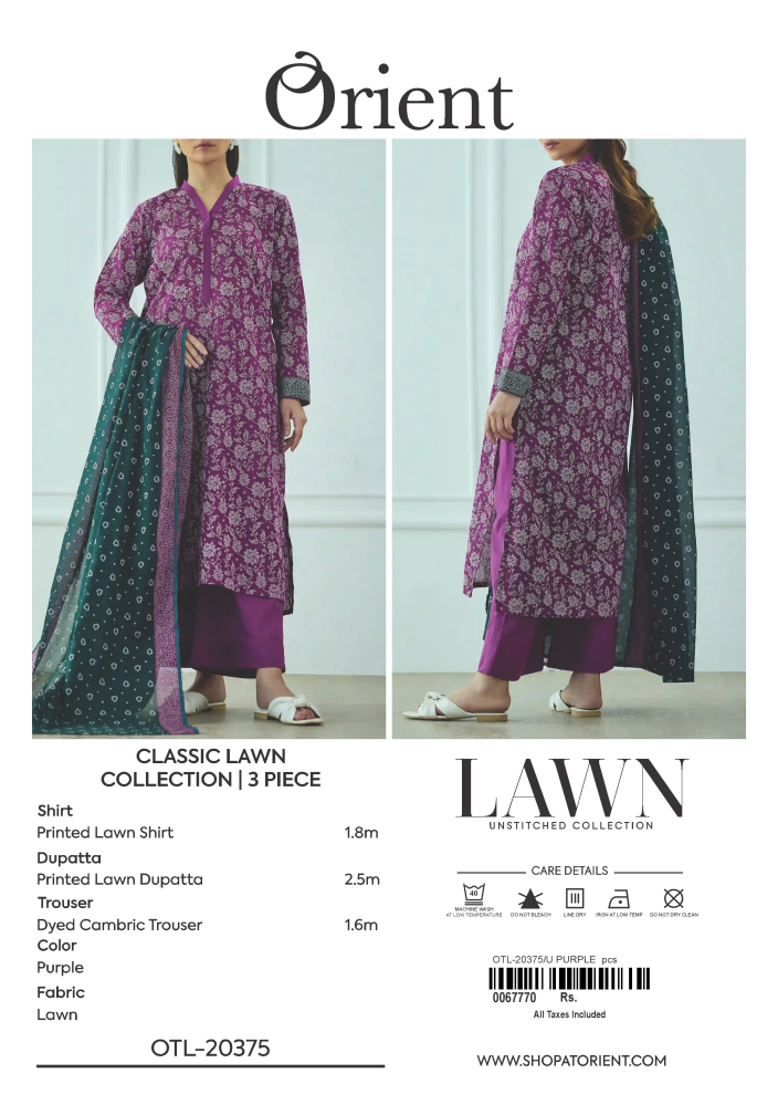 ✨ORIENT 100% ORIGINAL Unstitched Lawn 3 Piece✨ Design # OTL-20375