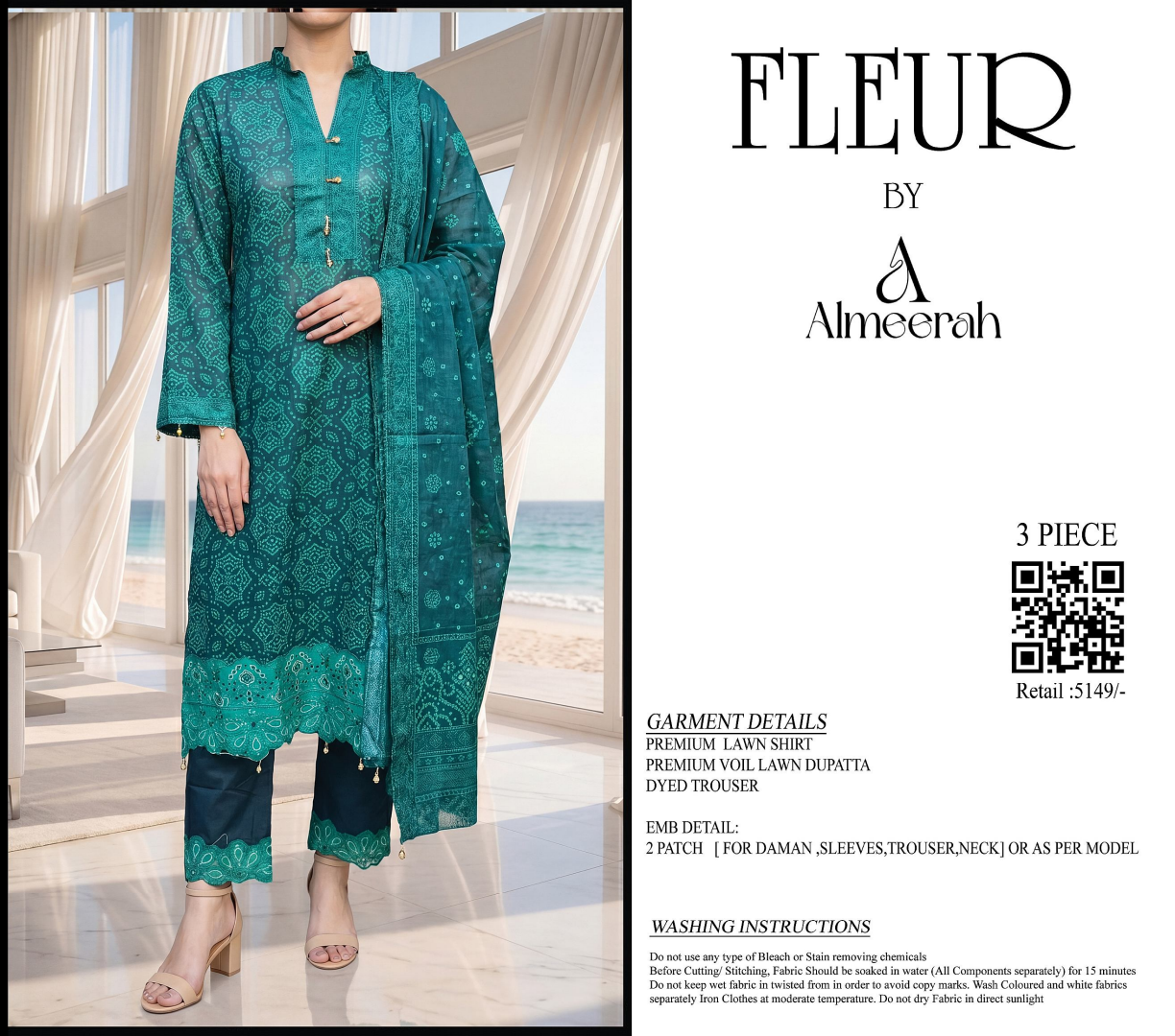 Fleur By Almeerah - Teal Mirage β Digital Chundri Lawn