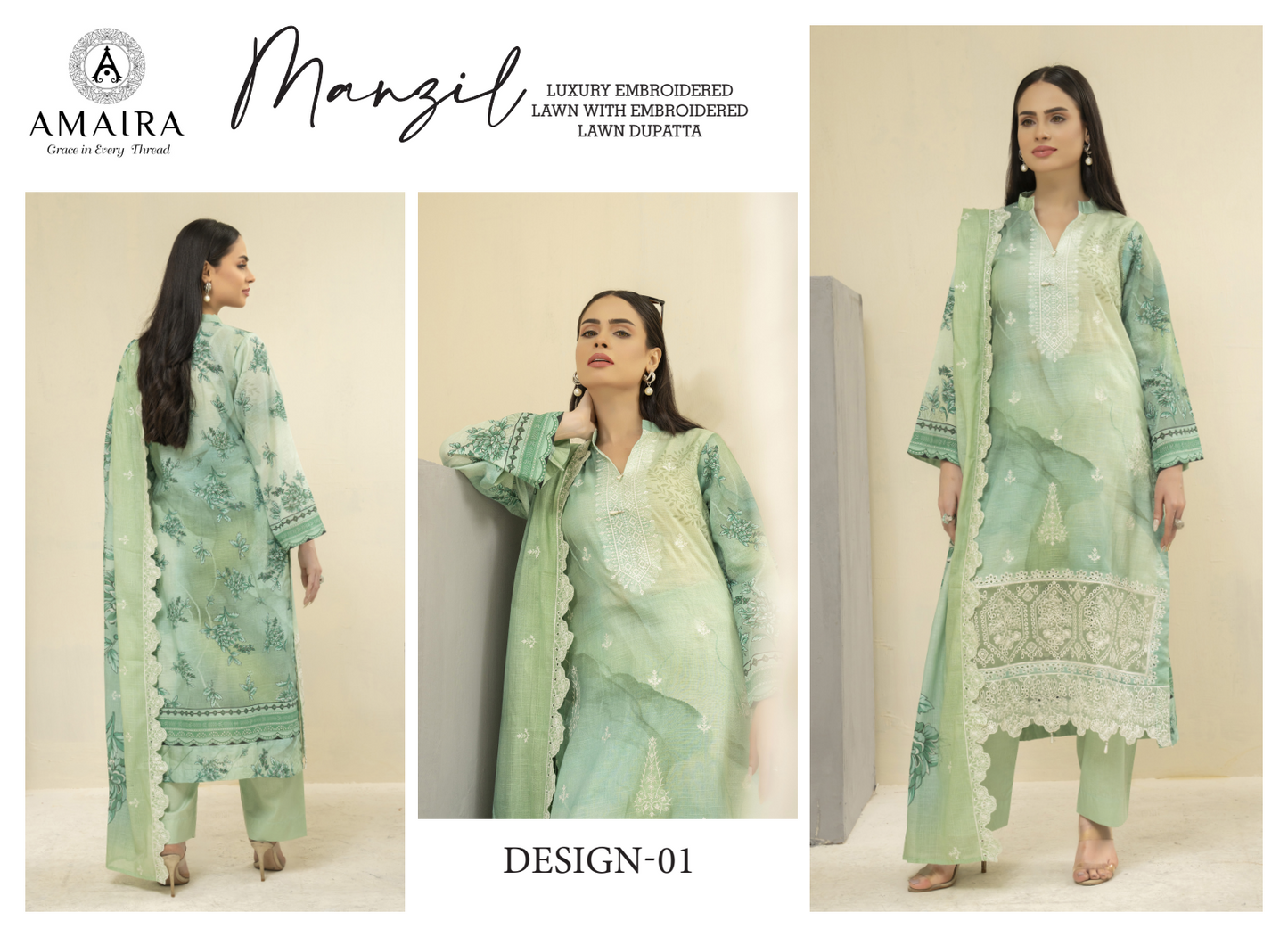 Amaira Manzil Luxury Embroidered Lawn 3 Piece Unstitched Collection