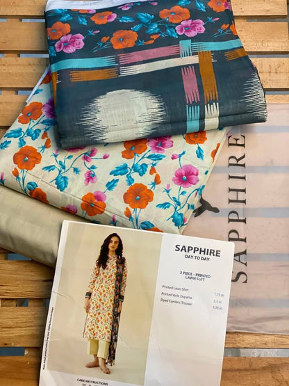 🌸 SAPPHIRE 🌸☀️ Summer Collection 2025 ☀️💎 3 Piece Unstitched Lawn 💎