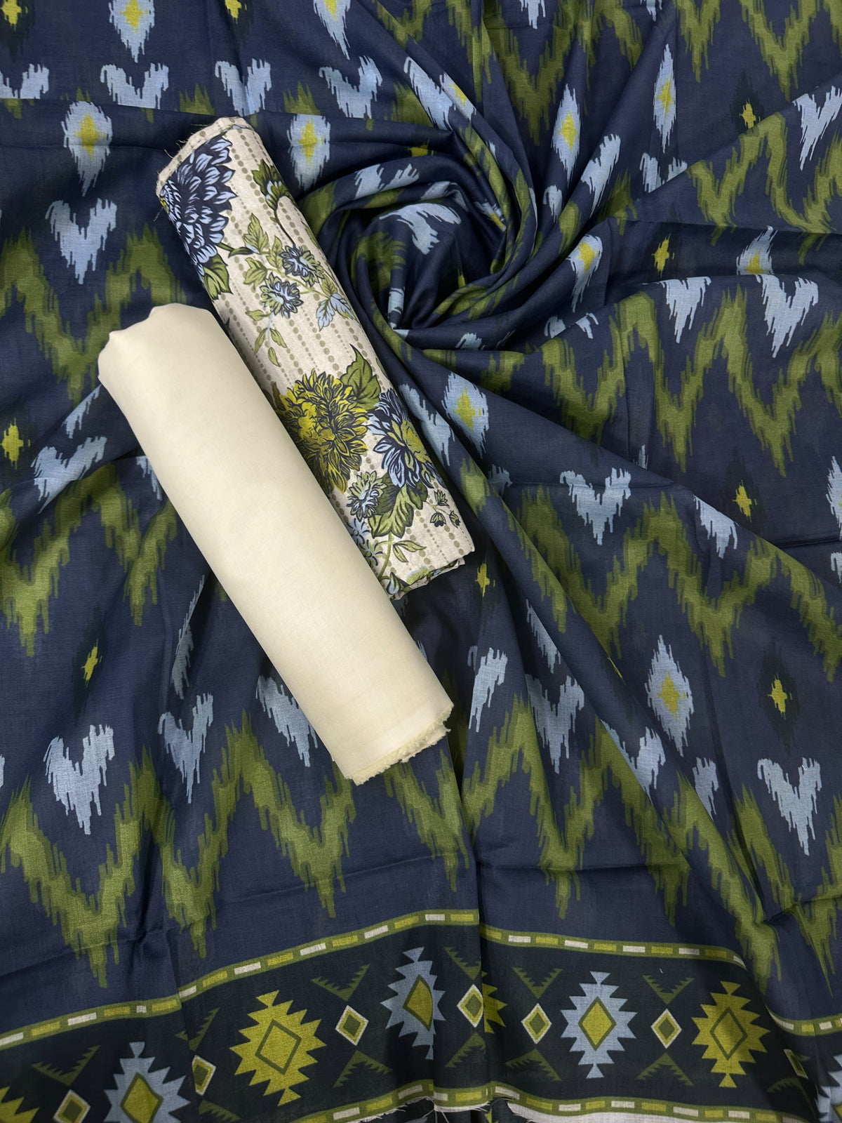 Bin Saeed Cream Olive Printed Cotton 3Pcs